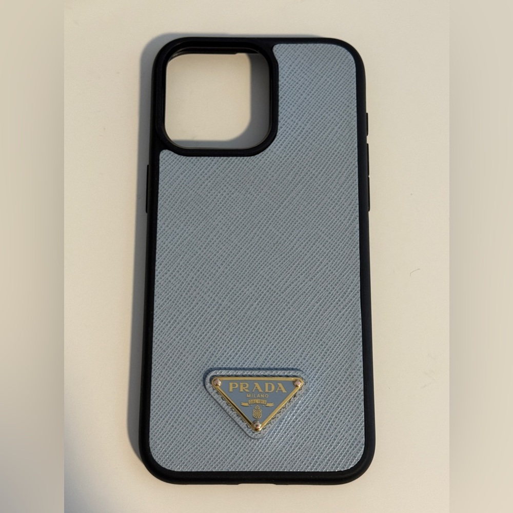 Prada Saffiano Leather Cover for iPhone 15 Pro Max Light Blue